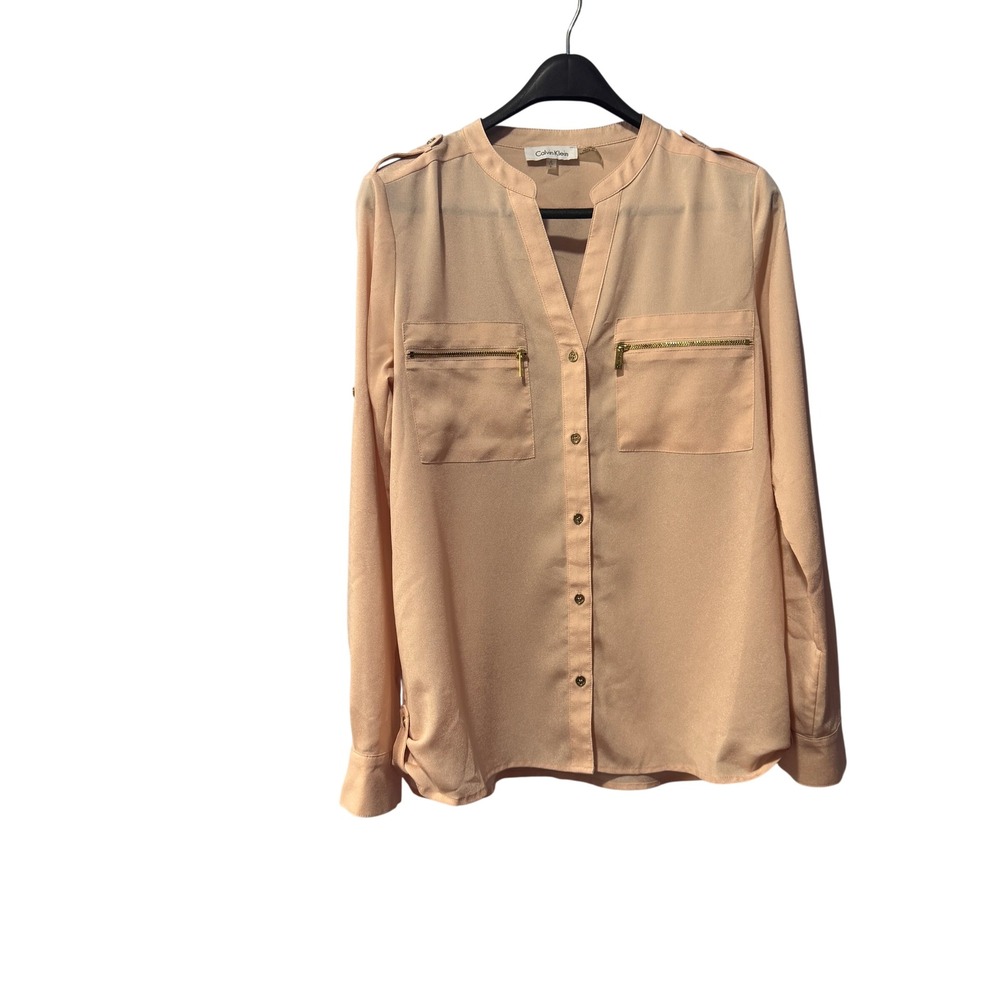 Calvin‎ Klein Womens Blush Pink Gold Zip Pocket Utility Blouse Long Sleeve Small